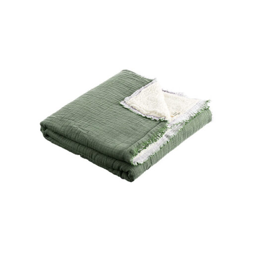 Plaid Célestine gaze de coton gaufrée doublée sherpa kaki
